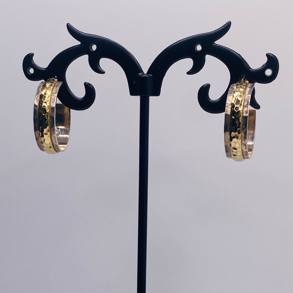 Silpada HTF Hammered Sterling Silver w/Gold Center Strip Hoop Earrings on Posts